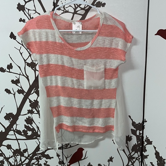 Jella Couture Coral Pink & Cream Size Small Striped Short Sleeve Blouse $25 - Picture 8 of 11